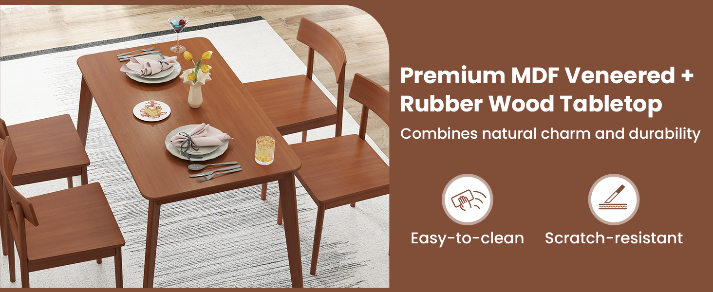 5 Piece Wood Dining Table Set with Rubber Wood Frame and 4 Chairs