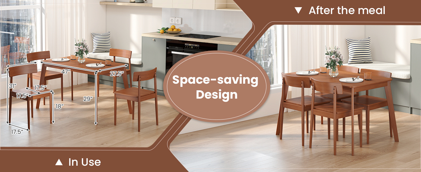 5 Piece Wood Dining Table Set with Rubber Wood Frame and 4 Chairs