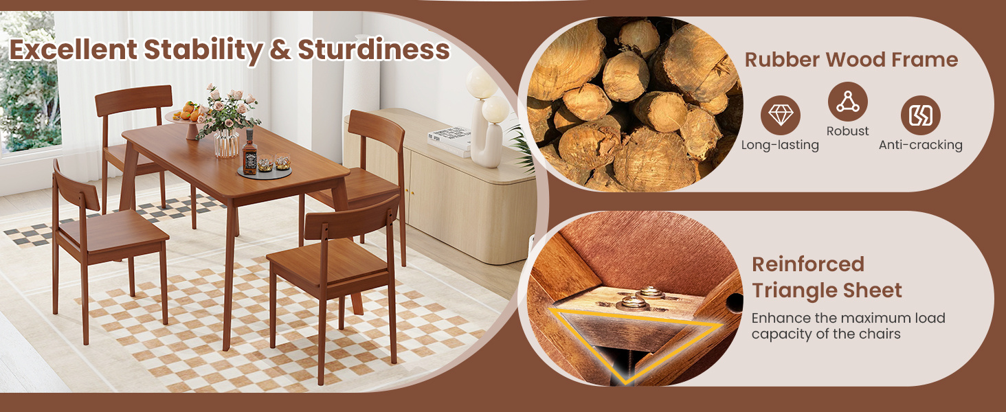 5 Piece Wood Dining Table Set with Rubber Wood Frame and 4 Chairs