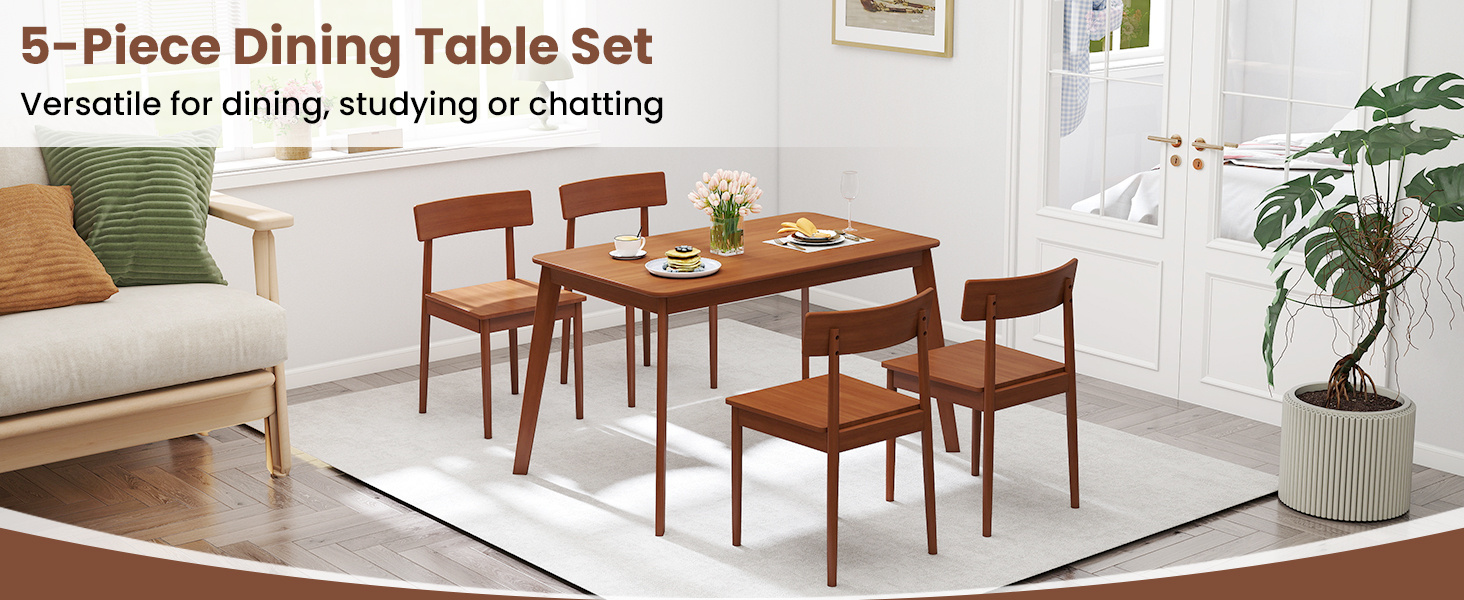 5 Piece Wood Dining Table Set with Rubber Wood Frame and 4 Chairs