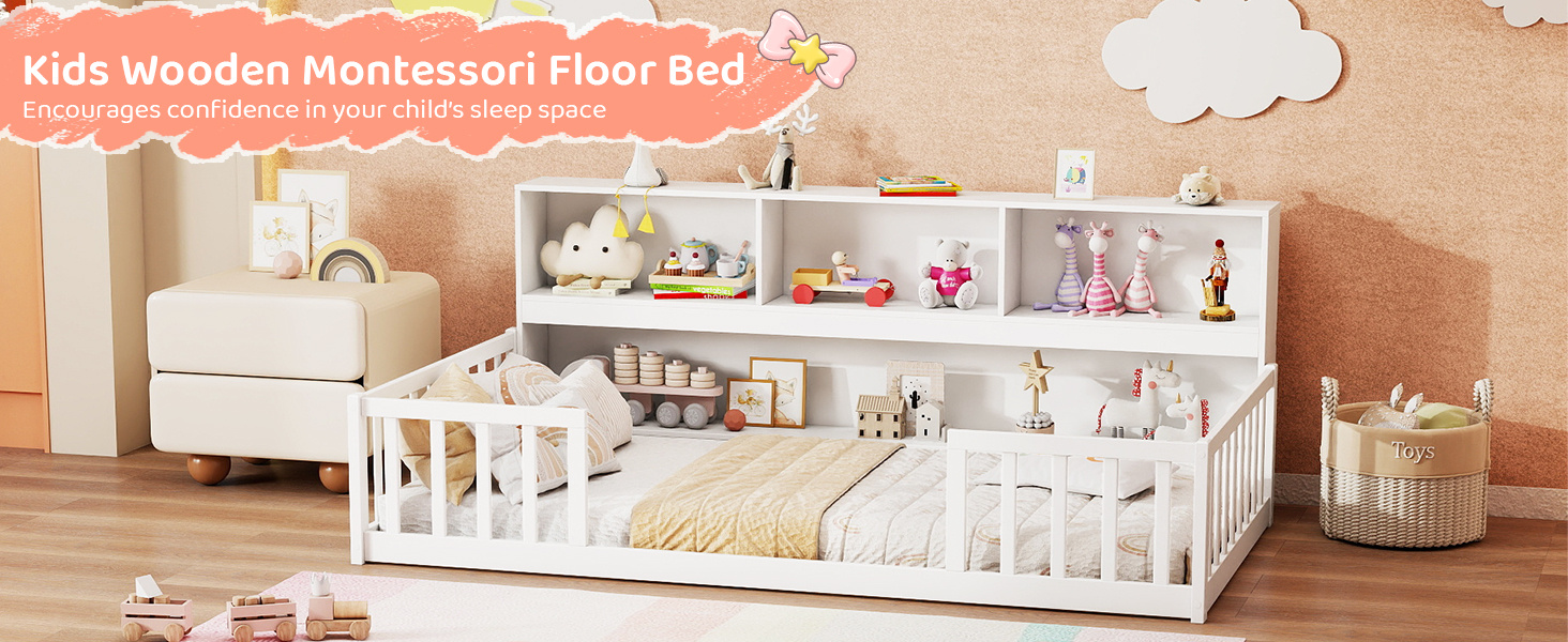 Twin Size Montessori Floor Bed with Bookcase