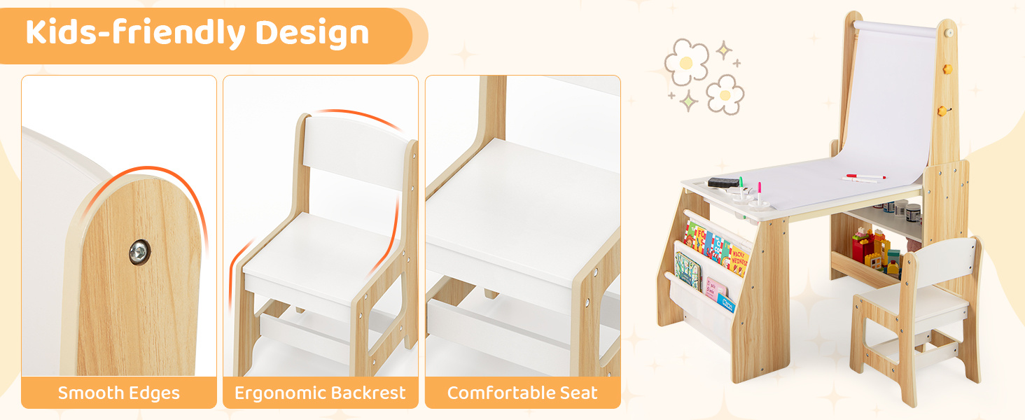 Kids Art Table and Chair Set with Easel and Chair for Drawing Reading