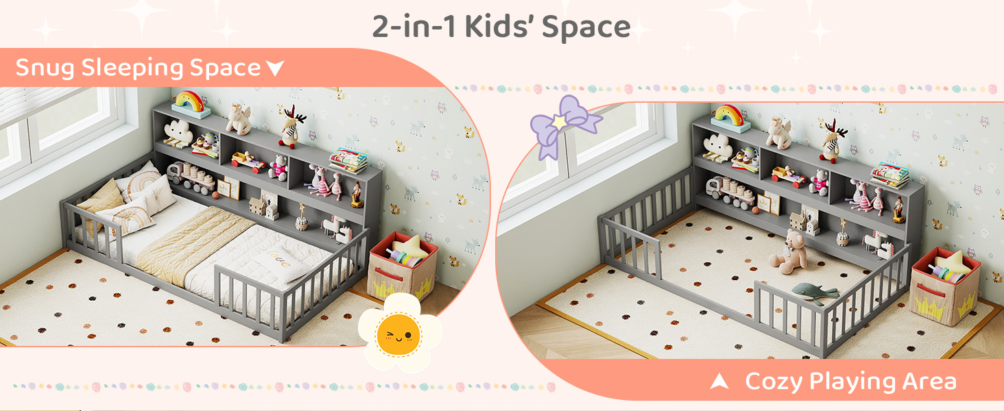 Twin Size Montessori Floor Bed with Bookcase