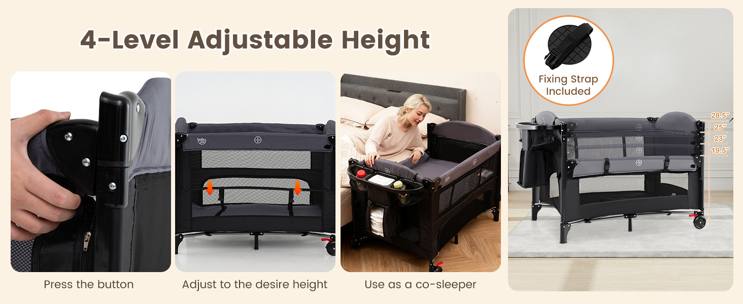 Foldable Baby Bassinet with 4 Adjustable Heights Changing Table and Mattress