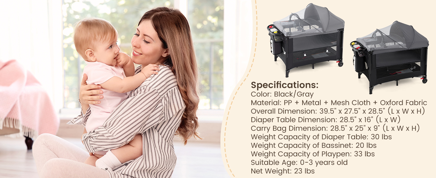 Foldable Baby Bassinet with 4 Adjustable Heights Changing Table and Mattress