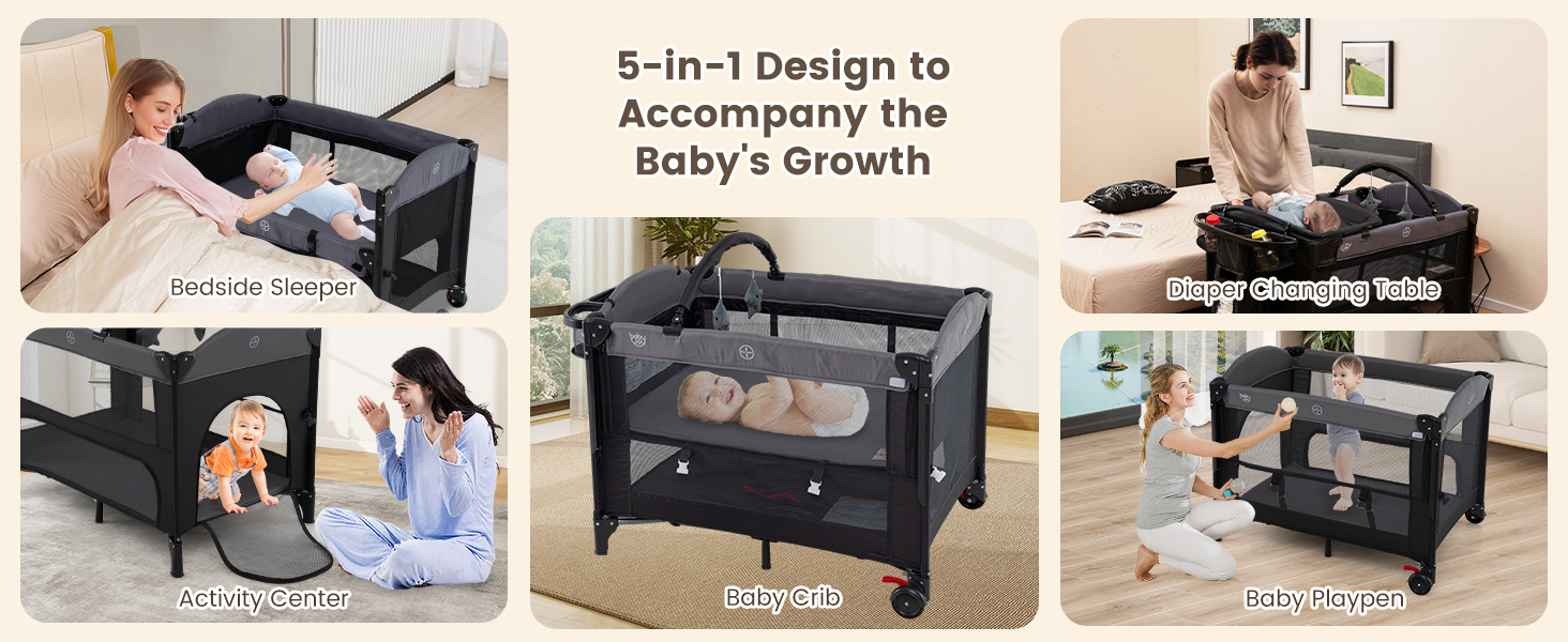 Foldable Baby Bassinet with 4 Adjustable Heights Changing Table and Mattress