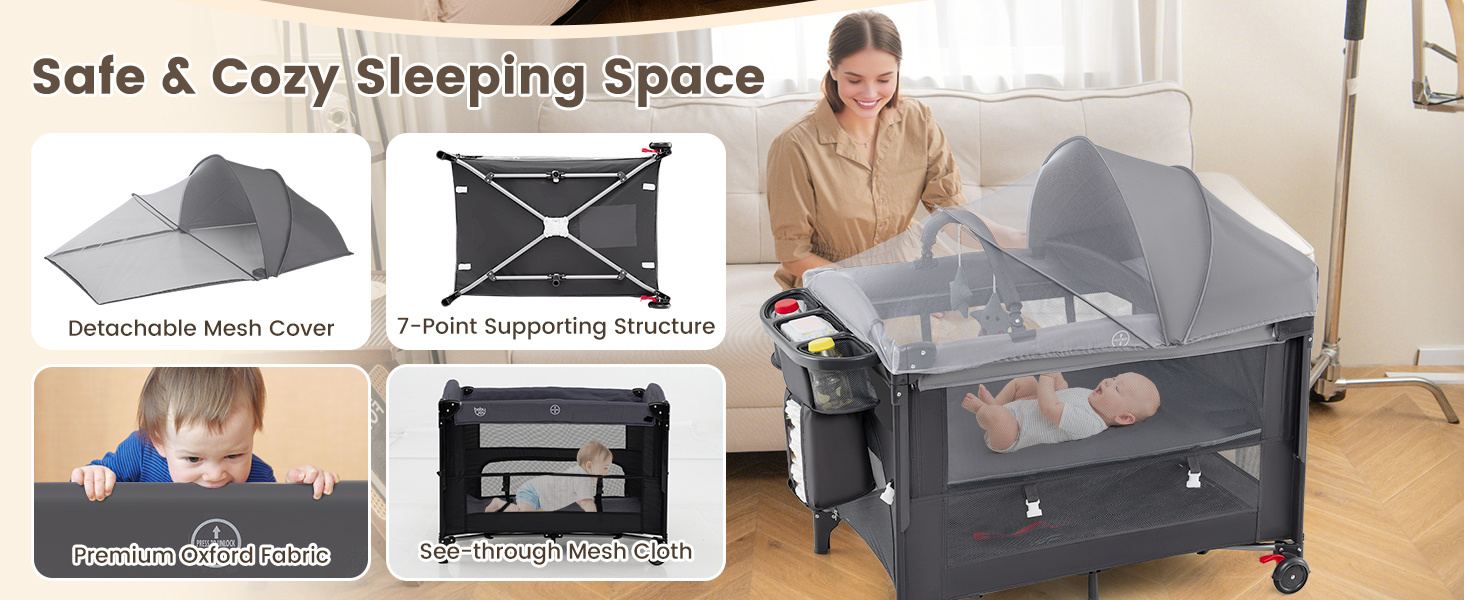 Foldable Baby Bassinet with 4 Adjustable Heights Changing Table and Mattress