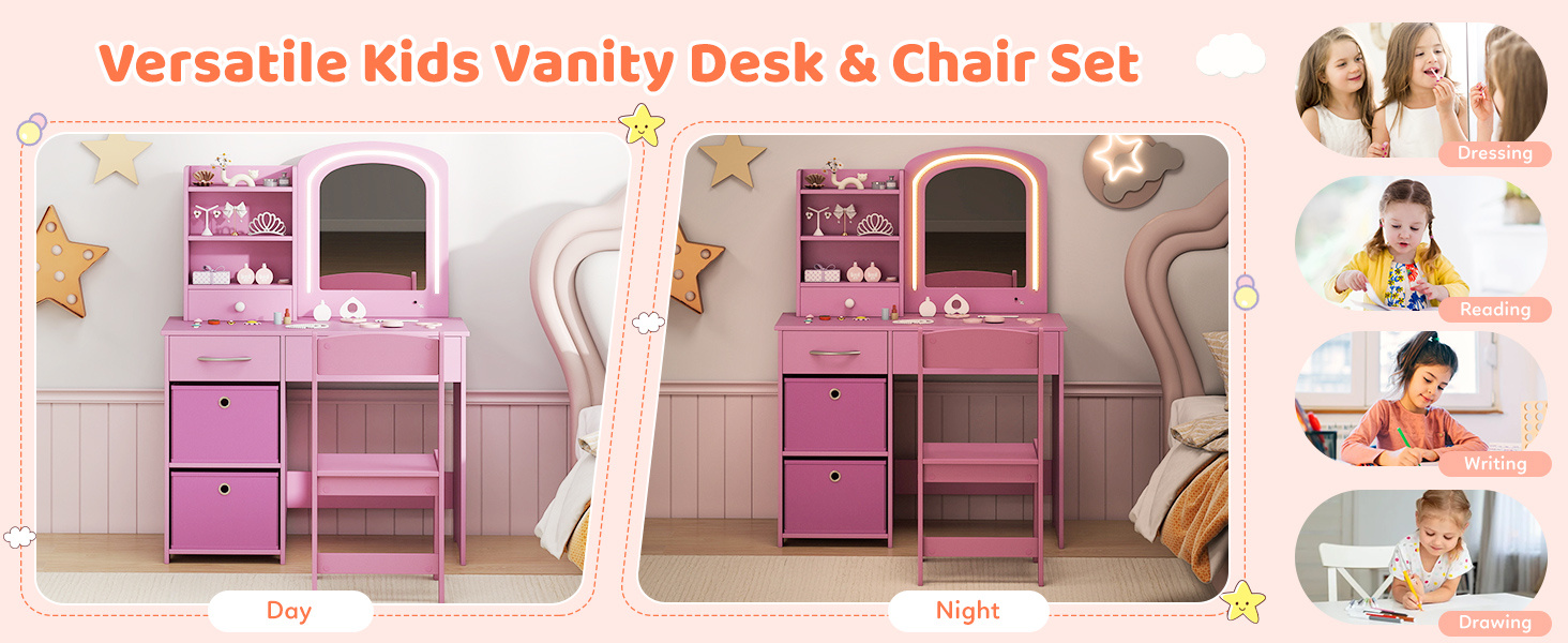Kids Vanity Set with Lighted Mirror Makeup Desk and Chair Set with Drawers