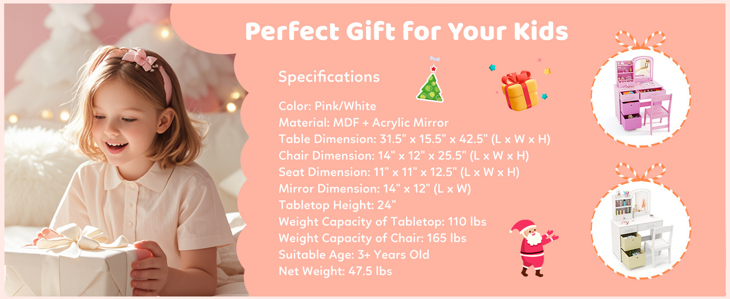 Kids Vanity Set with Lighted Mirror Makeup Desk and Chair Set with Drawers