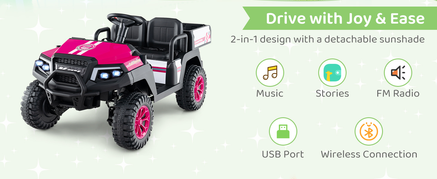 24V Kids Golf Cart 4WD 2-Seater Ride on Car with Storage Trunk and Horn