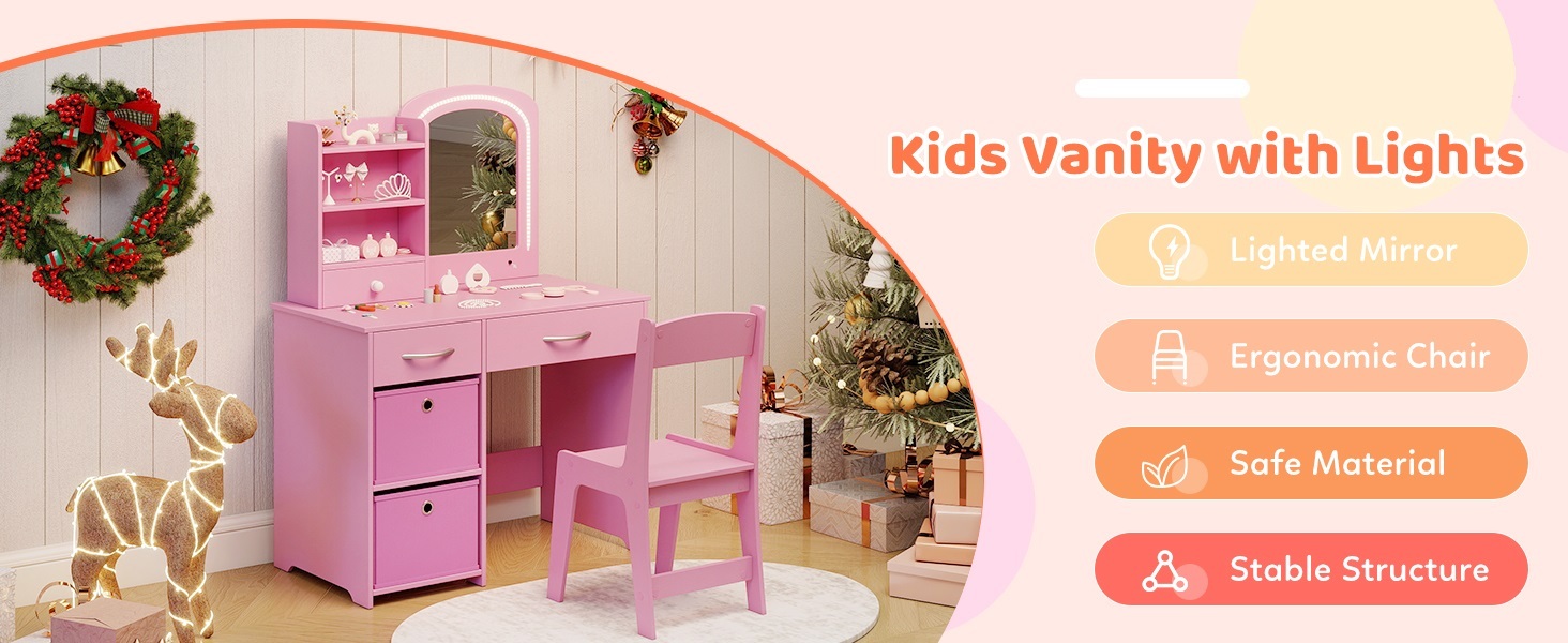 Kids Vanity Set with Lighted Mirror Makeup Desk and Chair Set with Drawers