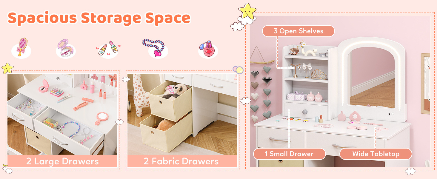 Kids Vanity Set with Lighted Mirror Makeup Desk and Chair Set with Drawers