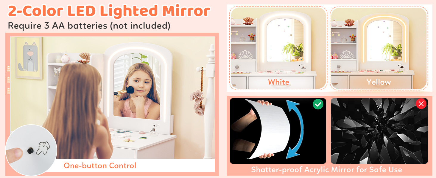 Kids Vanity Set with Lighted Mirror Makeup Desk and Chair Set with Drawers
