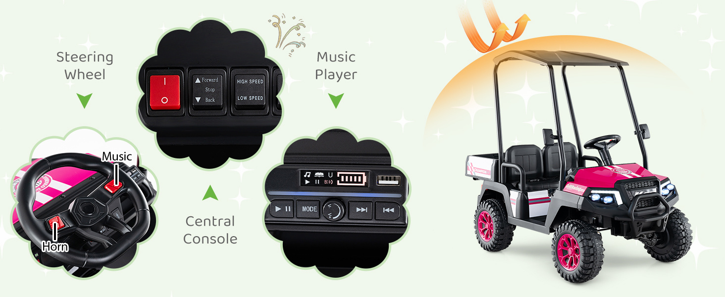 24V Kids Golf Cart 4WD 2-Seater Ride on Car with Storage Trunk and Horn