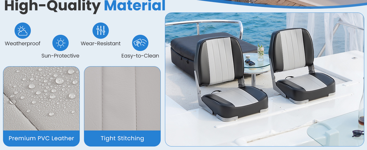 2-Pack Boat Seats Folding Low Back Boat Chairs Waterproof PVC Leather Cabin Seating