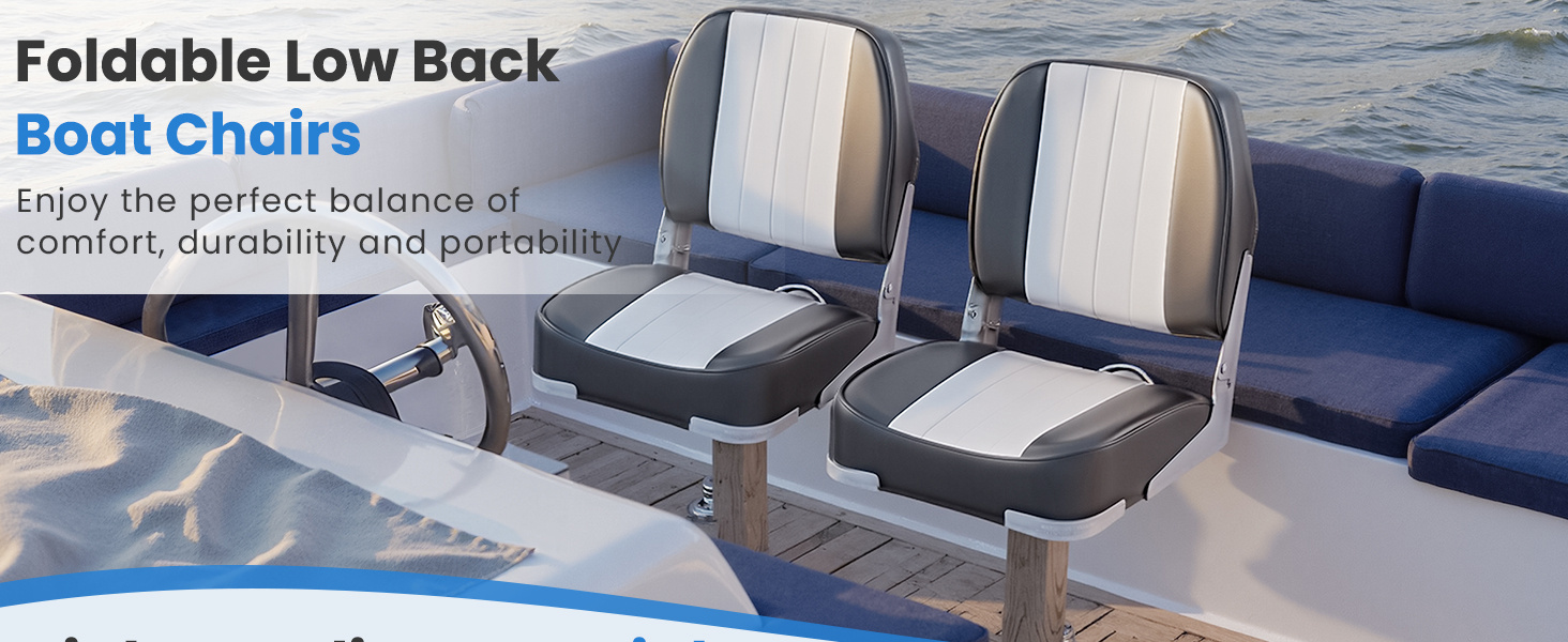 2-Pack Boat Seats Folding Low Back Boat Chairs Waterproof PVC Leather Cabin Seating