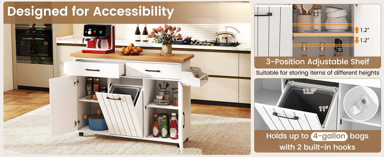 Mobile Kitchen Island Table with Trash Bag Storage for Dining Room