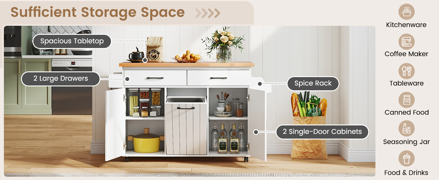 Mobile Kitchen Island Table with Trash Bag Storage for Dining Room