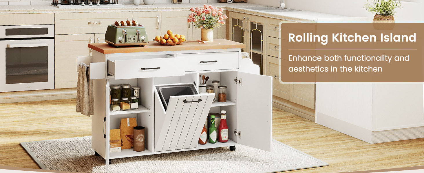 Mobile Kitchen Island Table with Trash Bag Storage for Dining Room