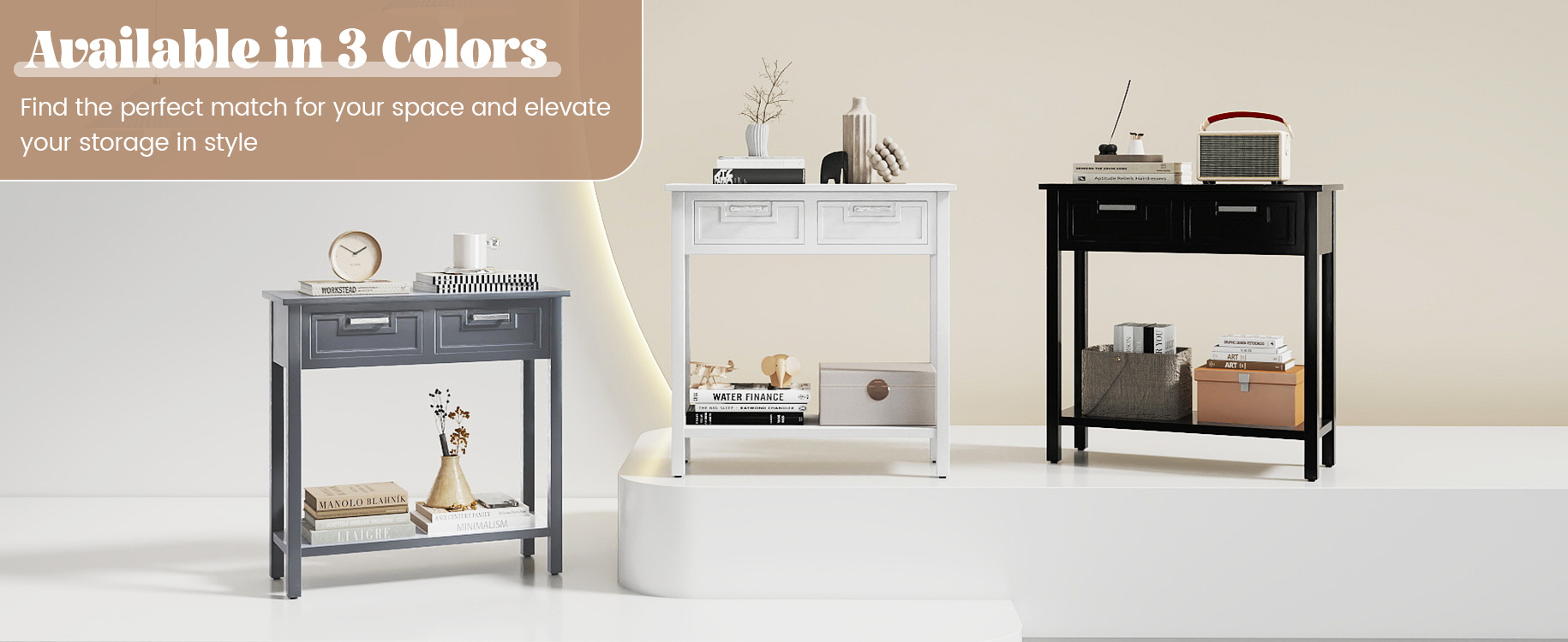 Narrow Console Table with Drawers and Open Storage Shelf