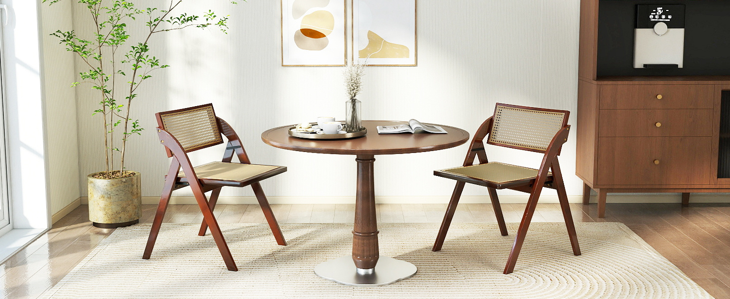 Foldable Dining Chairs Set of 2 with Woven Rattan Backrest