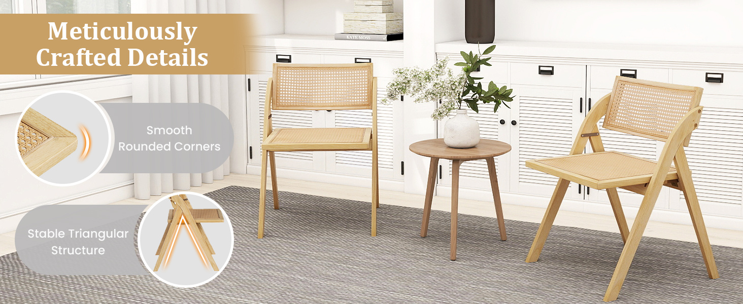 Foldable Dining Chairs Set of 2 with Woven Rattan Backrest