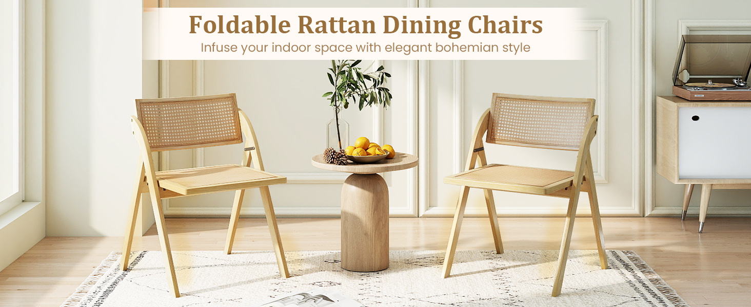 Foldable Dining Chairs Set of 2 with Woven Rattan Backrest