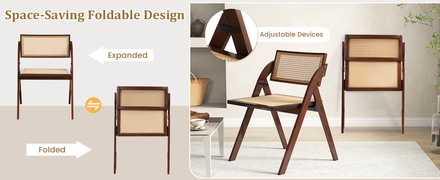 Foldable Dining Chairs Set of 2 with Woven Rattan Backrest