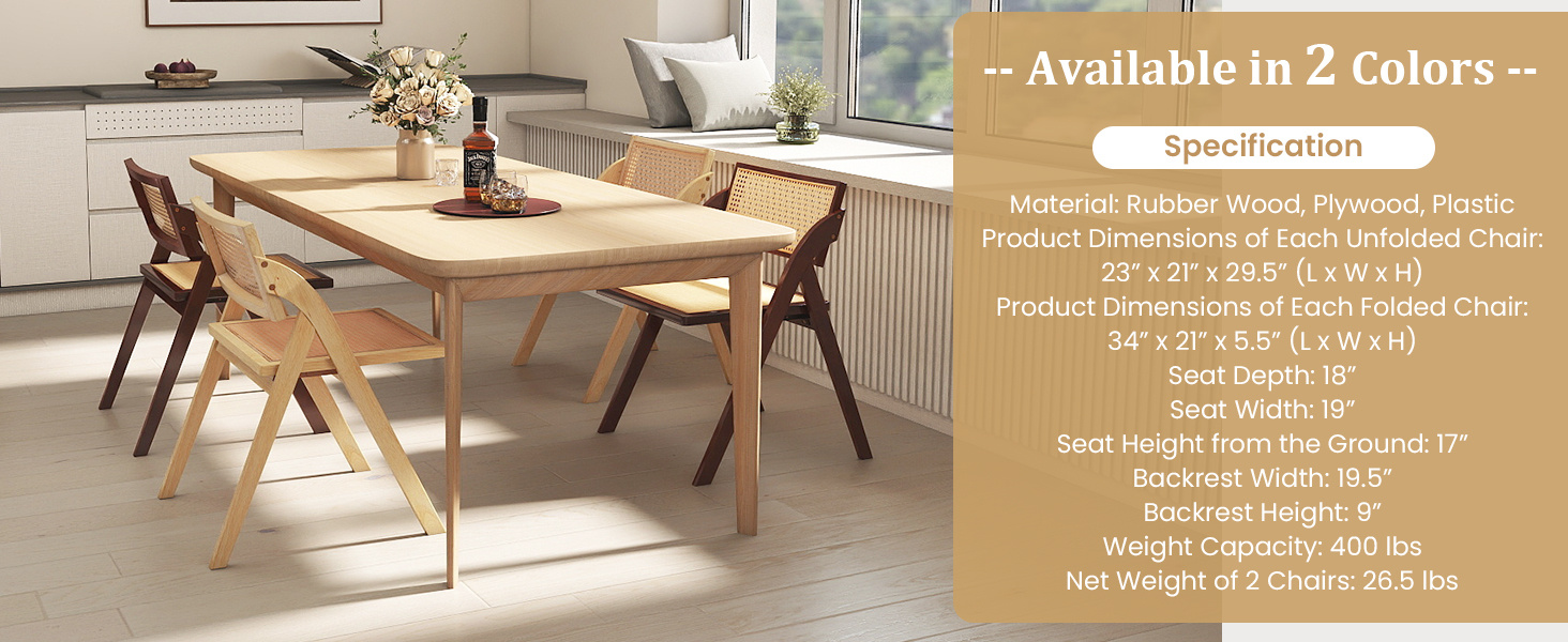 Foldable Dining Chairs Set of 2 with Woven Rattan Backrest