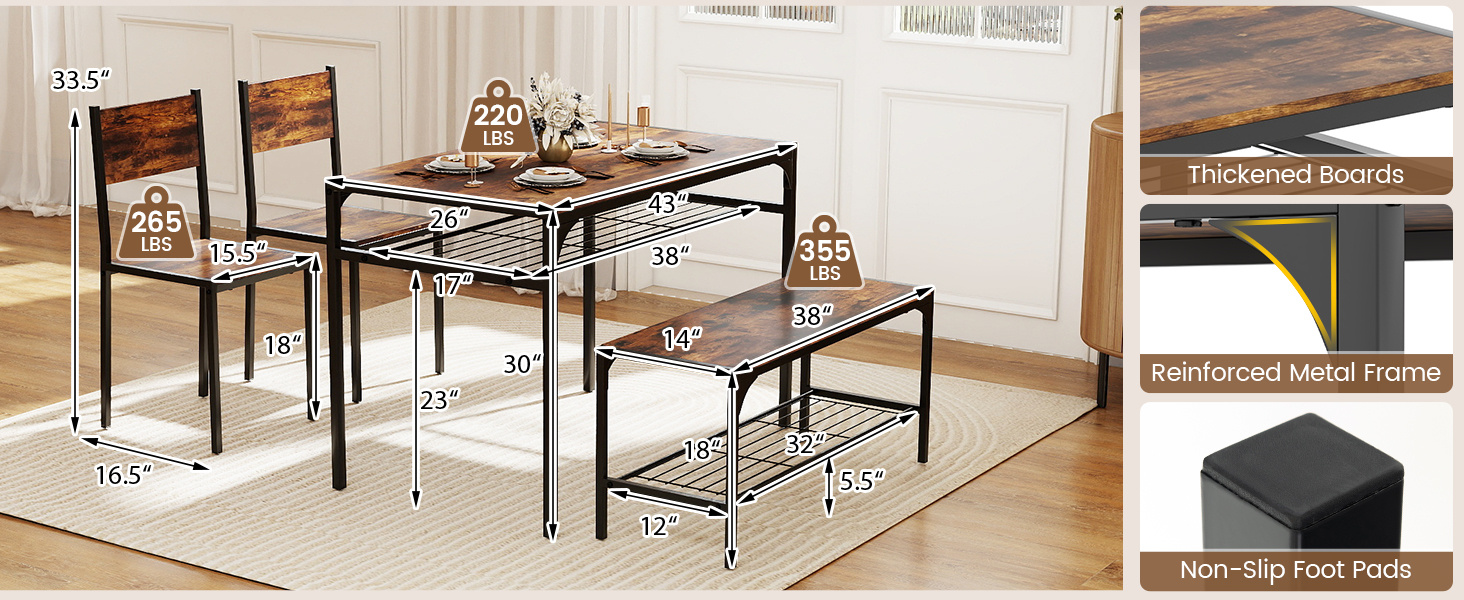 Industrial Style Rectangular Kitchen Table with Bench and Chairs