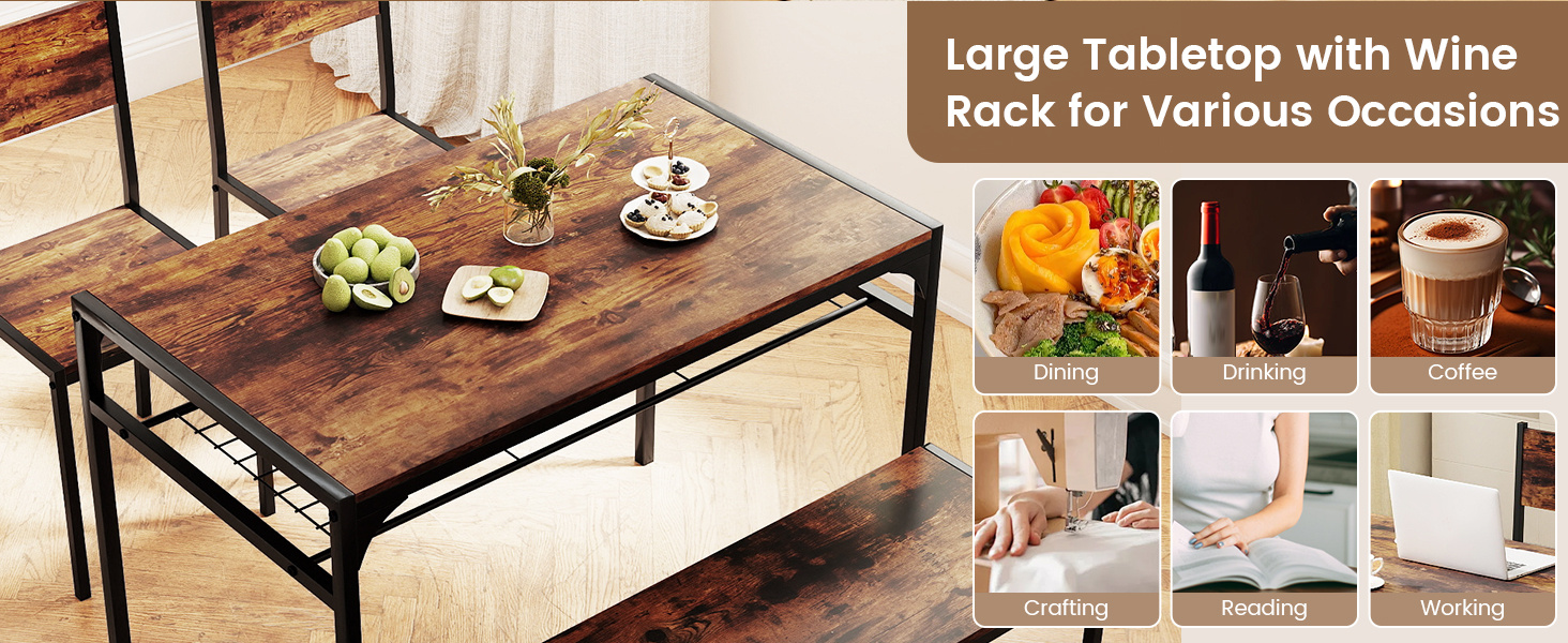 Industrial Style Rectangular Kitchen Table with Bench and Chairs