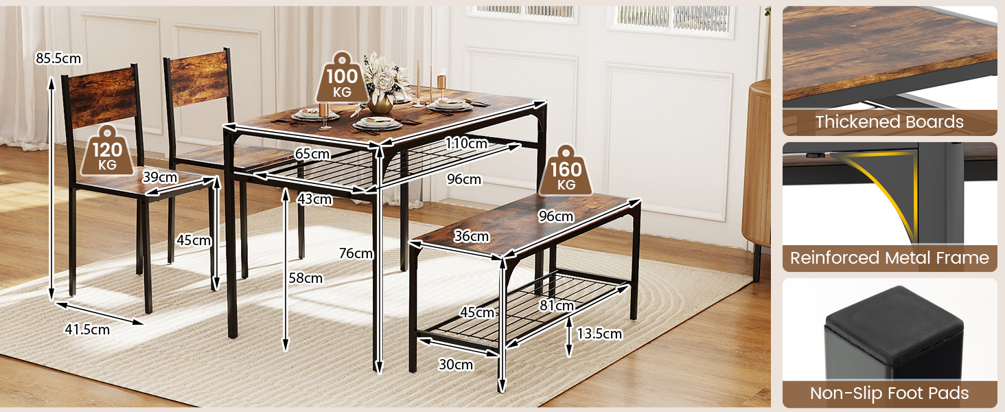 Industrial Style Rectangular Kitchen Table with Bench and Chairs
