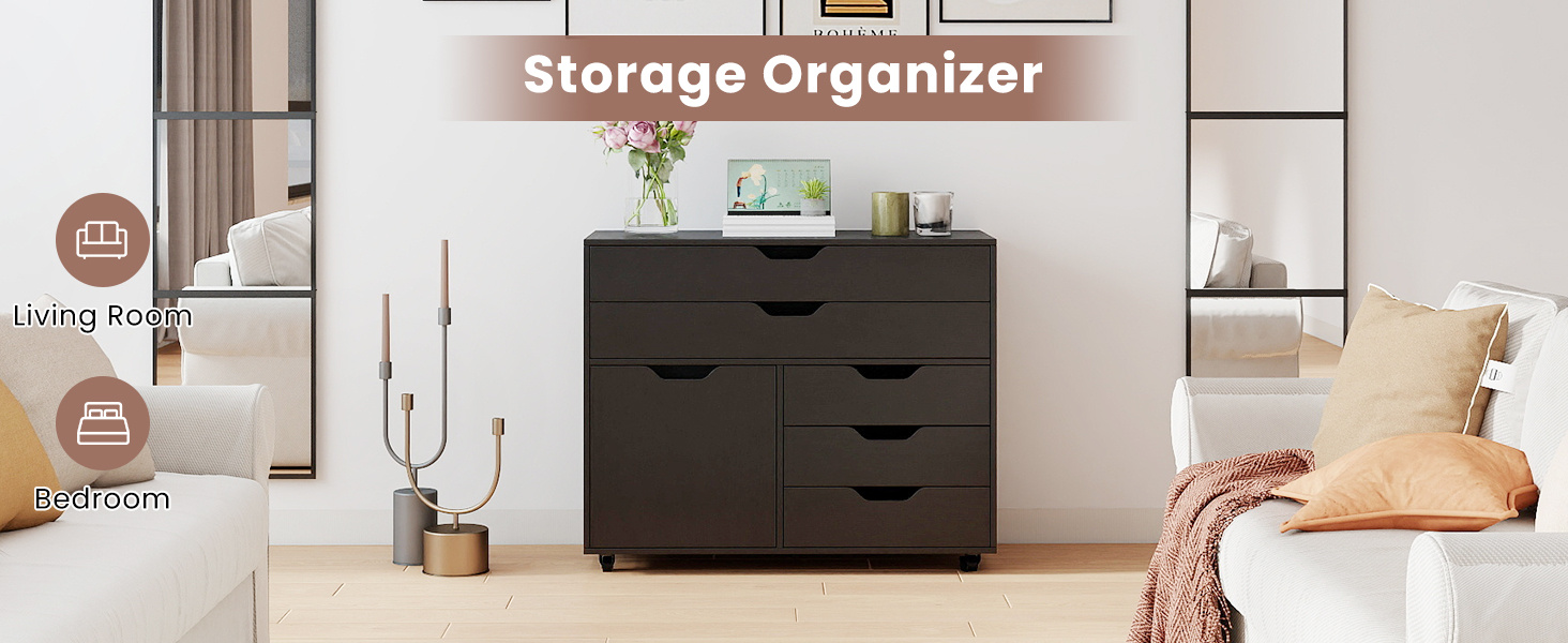 Modern Vertical 5-Drawer Mobile Chest with Door 5 Casters