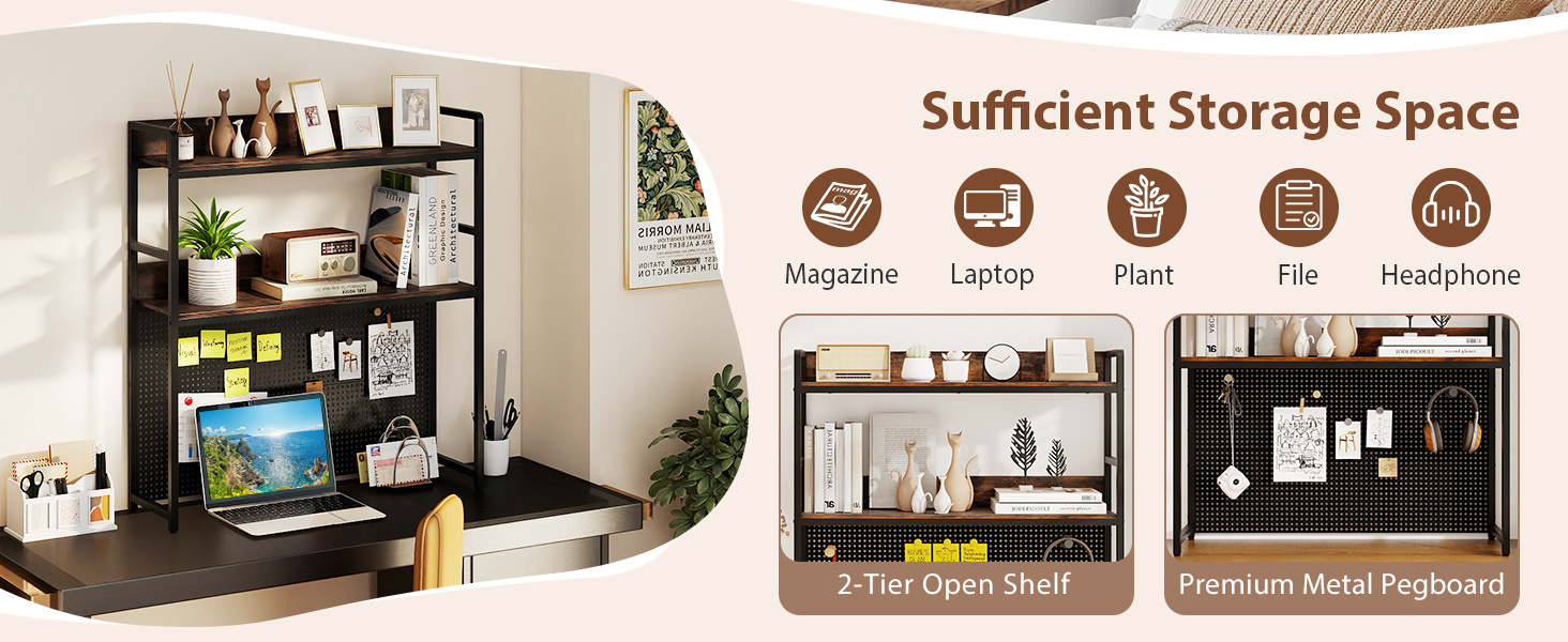 Multipurpose 2-Tier Desktop Bookshelf with Pegboard for up to 32 Inch Computer Monitor