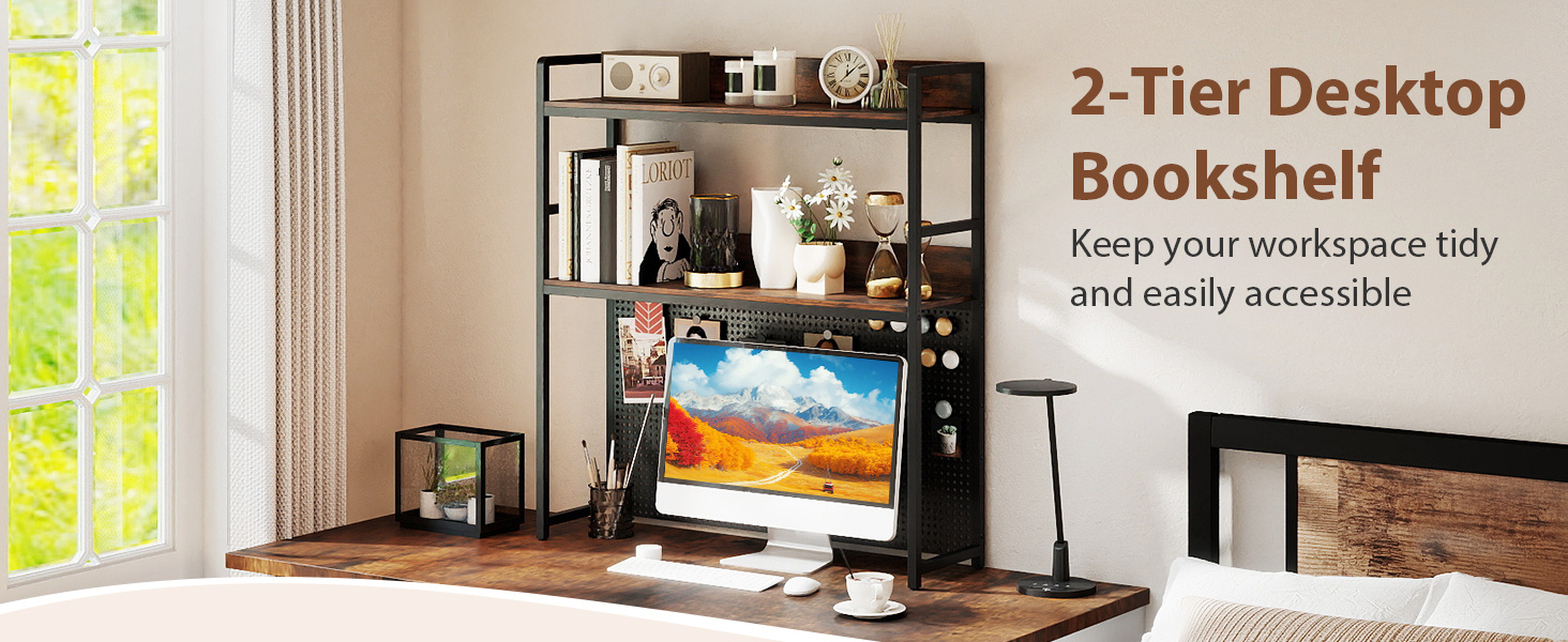 Multipurpose 2-Tier Desktop Bookshelf with Pegboard for up to 32 Inch Computer Monitor