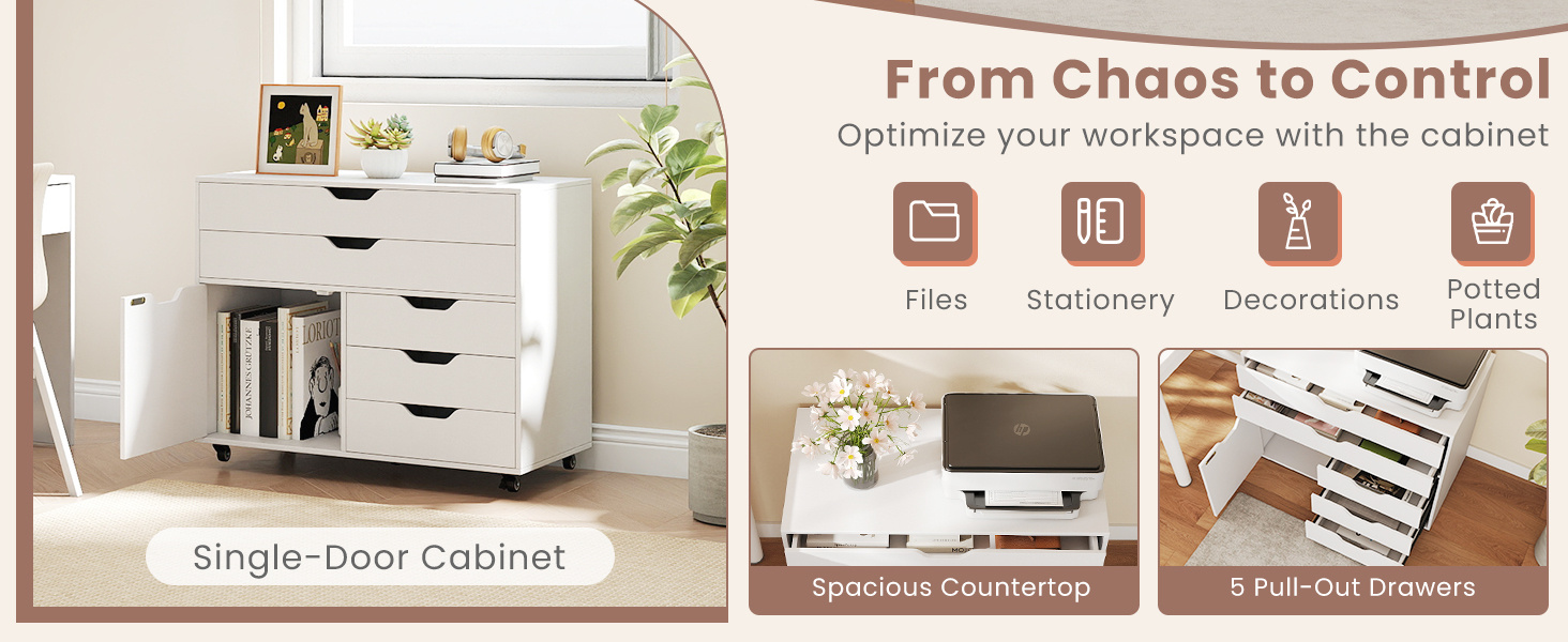 Modern Vertical 5-Drawer Mobile Chest with Door 5 Casters