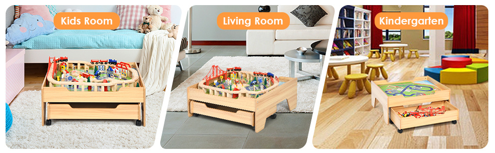 Children's Wooden Railway Set Table with 100 Pieces Storage Drawers