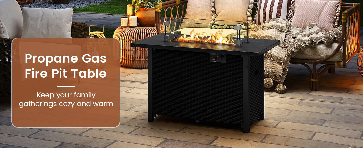 50000 BTU 2 Inch ropane Gas Fire Pit Table with Wind Guard and Glass Rocks