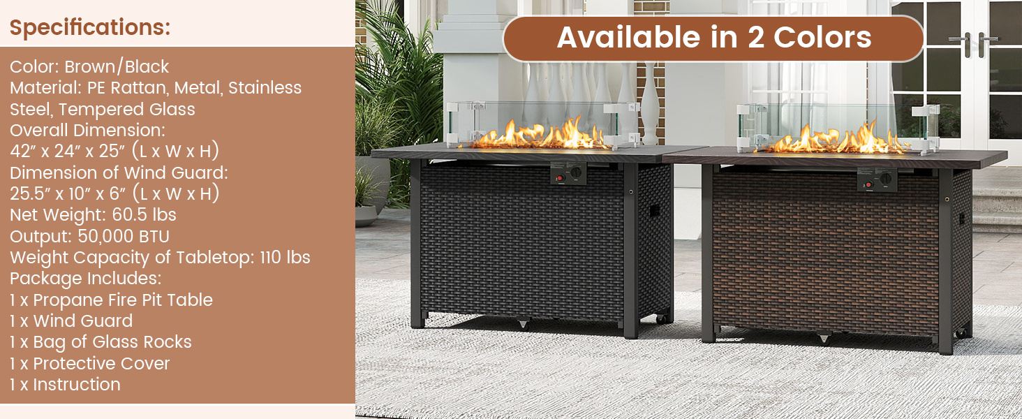 50000 BTU 2 Inch ropane Gas Fire Pit Table with Wind Guard and Glass Rocks
