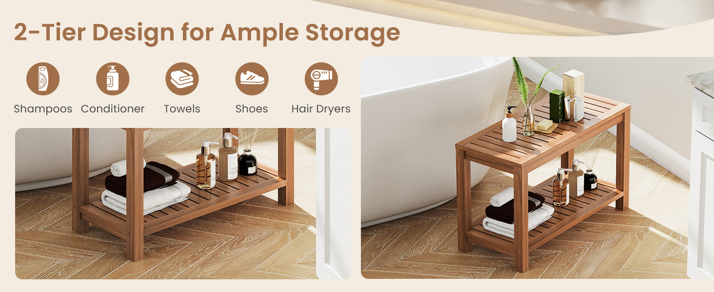 19/24/30 Inch Teak Wood Shower Bench Inside Shower Stool with Storage Shelf