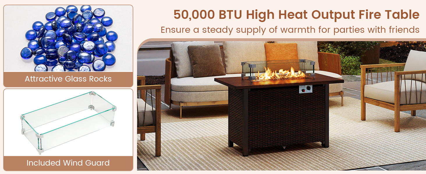 50000 BTU 2 Inch ropane Gas Fire Pit Table with Wind Guard and Glass Rocks