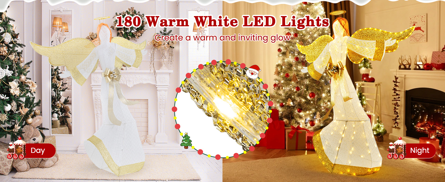 5.2 Feet Christmas Pre-Lit Angel with Halo Wings and 180 Warm White LED Lights
