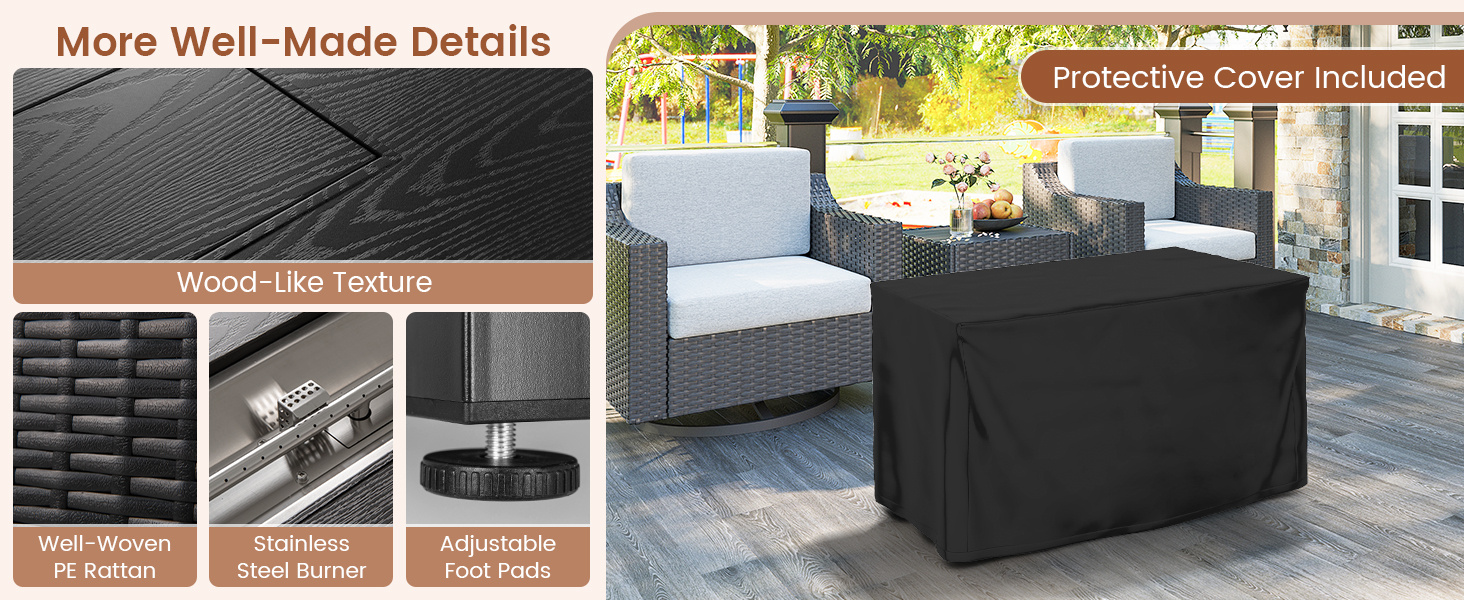 50000 BTU 2 Inch ropane Gas Fire Pit Table with Wind Guard and Glass Rocks