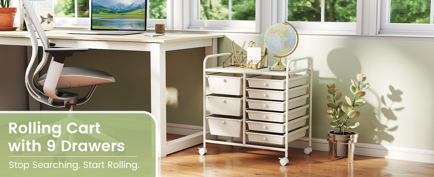 9-Drawer Rolling Storage Cart with Colorful Drawers and Metal Frame