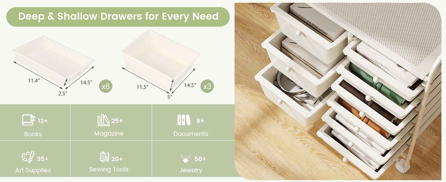 9-Drawer Rolling Storage Cart with Colorful Drawers and Metal Frame