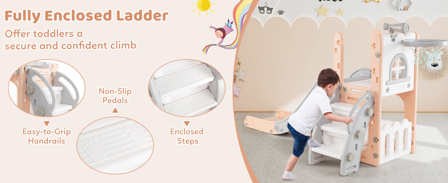 6-in-1 Toddler Slide L-shaped Playground with Basketball Hoop and Ladder