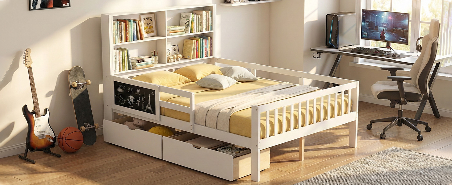 Twin/Full Size Bed Frame with 2 Drawers and Bookcase for Boys and Girls
