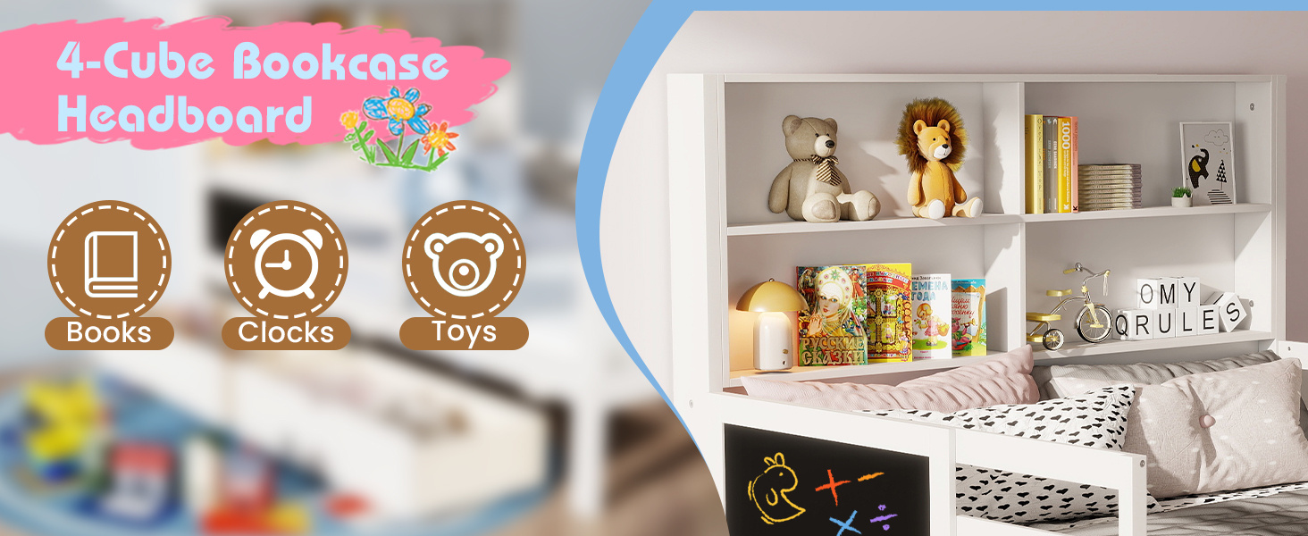 Twin/Full Size Bed Frame with 2 Drawers and Bookcase for Boys and Girls