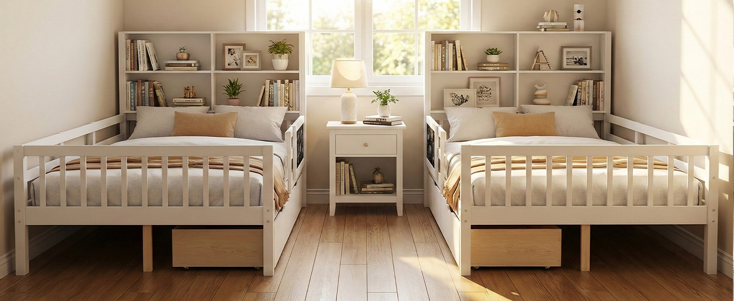 Twin/Full Size Bed Frame with 2 Drawers and Bookcase for Boys and Girls