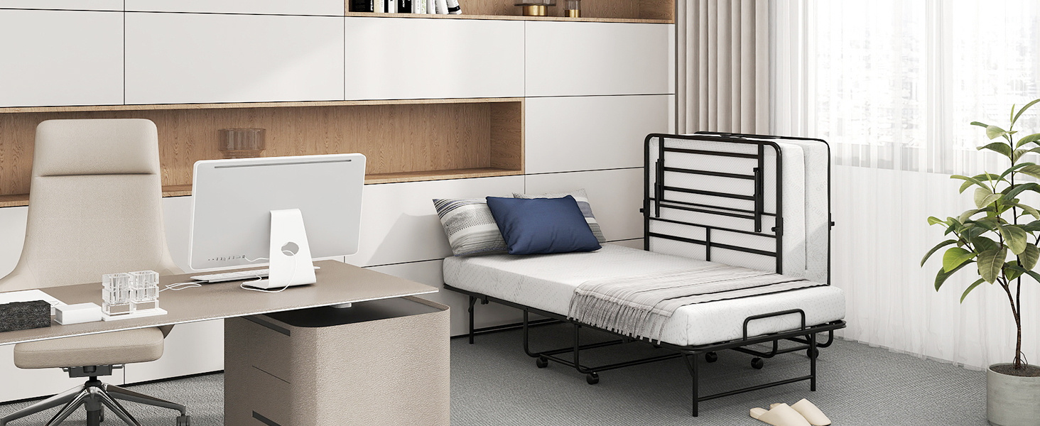 75 x 38 Inch Folding Bed with Mattress Twin Size Rolling Guest Bed